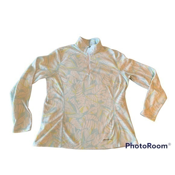 Eddie Bauer Fleece Quater Zip Jacket Top Sweatshirt White Blue Yellow Palm L - Picture 1 of 11